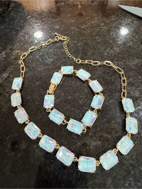 Gold-Tone Necklace & Bracelet Set with Opalescent Blue Stones